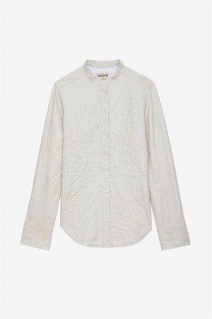 Zadig & Voltaire Chic Crinkled Skórzane Shirt Białe | ZV-256301