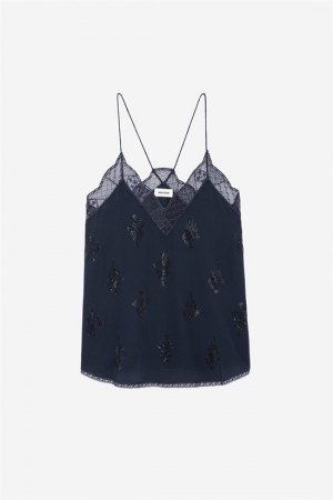 Zadig & Voltaire Christy Silk Top Ciemny Niebieskie | ZV-256338