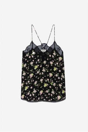 Zadig & Voltaire Christy Soft Crinkle Roses Top Czarne | ZV-256323