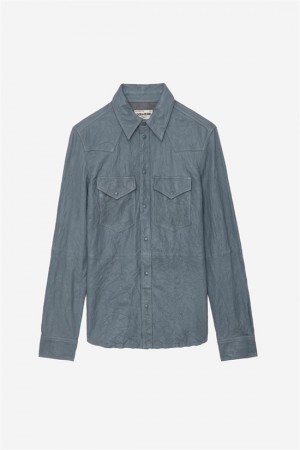 Zadig & Voltaire Thelma Crinkled Skórzane Shirt Głęboka Niebieskie | ZV-256332