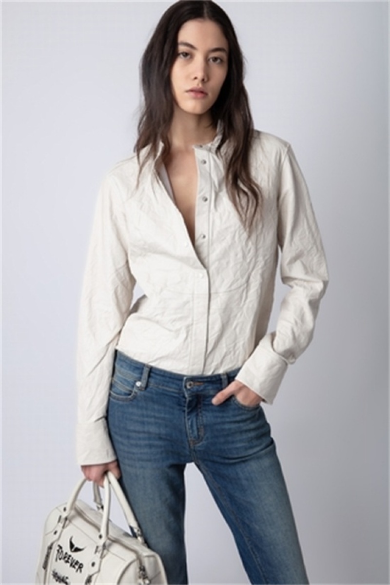 Zadig & Voltaire Chic Crinkled Skórzane Shirt Białe | ZV-256301