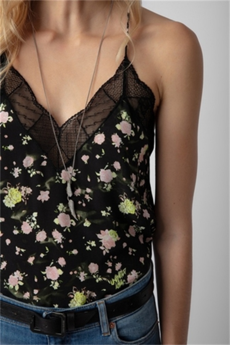 Zadig & Voltaire Christy Soft Crinkle Roses Top Czarne | ZV-256323